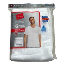 New HANES Shirt Mens Small White 6-Pack V-Neck T-Shirt Ultimate Tagless Tee