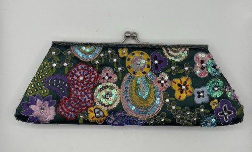 Pochette da sera verde bosco con perline e paillettes ricamate borsetta borsetta - Foto 2 di 10