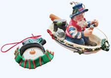 Resin Santa Fishing In Boat & Snowman Head Christmas Ornaments 4" Long With Hang