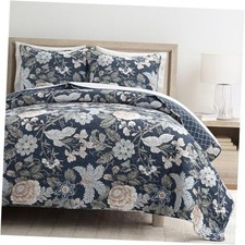 Sydney Reversible Cotton Quilt Set, 3 Piece Set - Full/Queen Navy  Multi