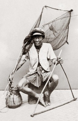 Indo-China Fisherman Fishing Net Basket Hat Barefoot Portrait Vtg. Photo 19thC.