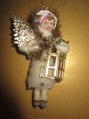W18)FEINES WINTERKIND GLANZBILD DRESDNER PAPPE WATTE-FIGUR SPUN COTTON ORNAMENTS