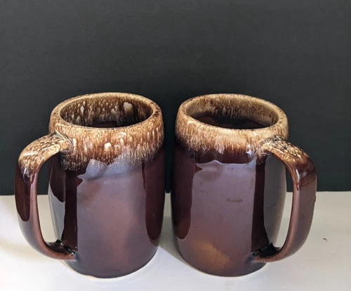 Vtg Hull Pottery Brown Drip Glaze Coffee Tea Mug Set of 2 Oven Proof USA 5” Tall