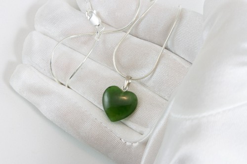 Großer Sterlingsilber geschwollenes Herz Anhänger grün Nephrit Jade 20 Ketten Halskette - Bild 3 von 8