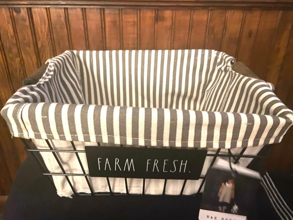 NWT RAE DUNN FARM FRESH WIRE BASKET STORAGE GRAY STRIPED LINER FARMHOUSE STYLE  - Image 2 of 4