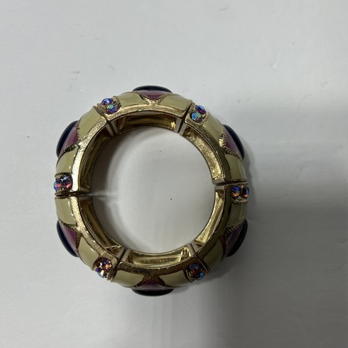 Gold Bangle Bracelet - Purple and cream Enamel Paint and Blue Stones AB crystals - Picture 4 of 5