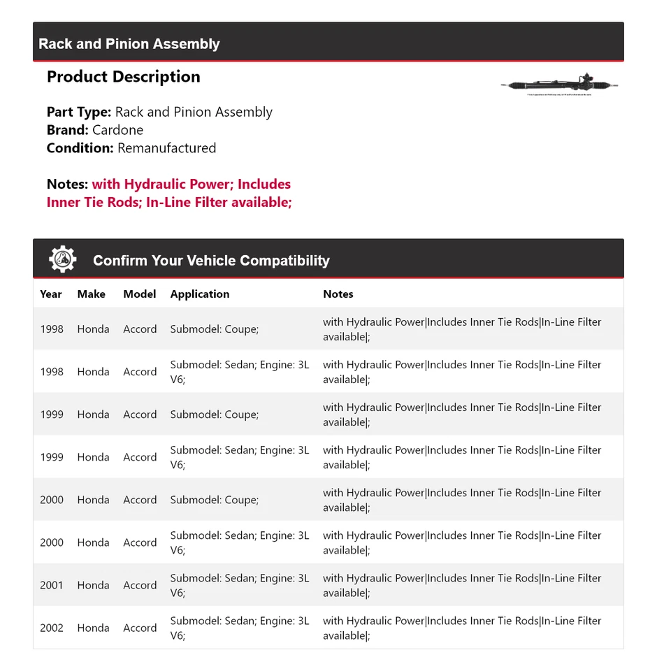 Montaje de piñón y cremallera para Honda Accord 1998-2002 Cardone 1999 2000 2001 Foto 2 de 4
