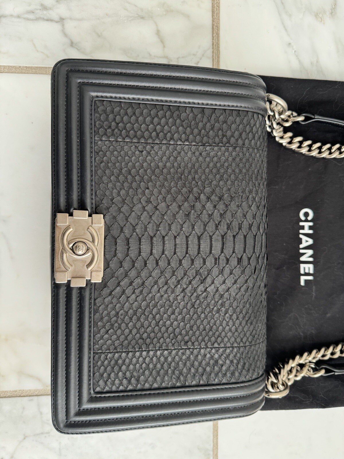 CHANEL BLACK PYTHON BOY BAG SILVER HARDWARE, LARG… - image 4