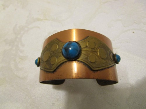 Midcentury Chunky Copper & Brass Bracelet faux turquoise 2.50”W 1960-70's - Picture 10 of 10