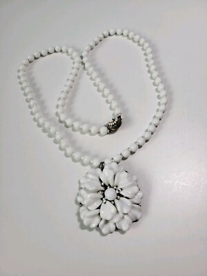 Vintage Signed Miriam Haskell Milk Glass Bead Necklace and Layered Pendant