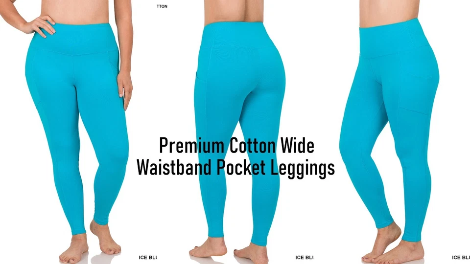 1X 2X 3X Athletic Fabric Wide Waist / Premium Cotton Long Yoga Leggings Pockets - Image 4 of 4