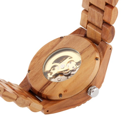 Luxury Men's Wood Watch Auto Mechanical Skeleton Wrist Watches Full Wooden Band - Picture 8 of 11