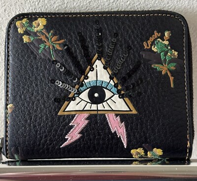 COACH PYRAMID EYE BLACK/MULTI FLORAL GLITTERS SMALL ZIP