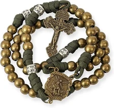 Bronze Beads Paracord Rosary St Michael Medal Pardon Jesus Crucifix 21"