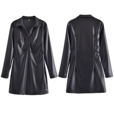 Donna Finte Similpelle Mezza Bottoni Camicia Costume Vestito Manica Lunga