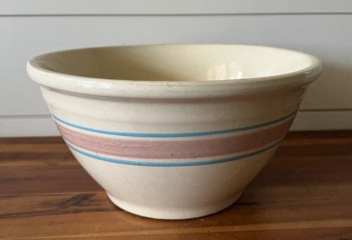 Vintage McCoy Pottery Large 10" Oven Ware Mixing Bowl Pink Blue Stripe Bands