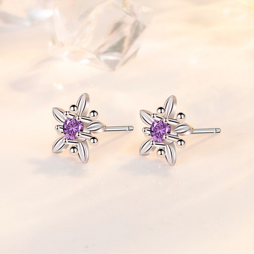 925 Sterling Silver 5 Petal Flower Lilac CZ Cute Stud Earrings Women Girl Gift - Picture 3 of 7