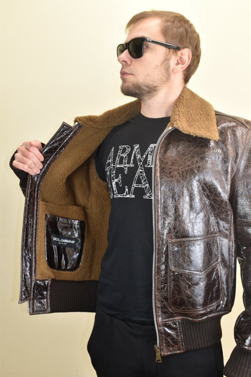 DOLCE&GABBANAのダメージジャケット $5K DOLCE GABBANA BROWN CRACKED LEATHER BOMBER SHEARLING ZIP