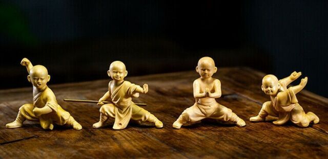 TL065 -- 8 CM Carved Boxwood Figurine Carving : Set of 4 Kung fu Monks
