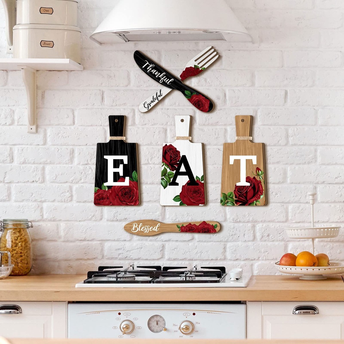6 Pieces Cutting Board Kitchen Decor Red Rose Eat Sign Set Wooden
