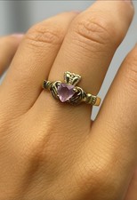Pink Stone Claddagh Ring 14K Yellow Gold.