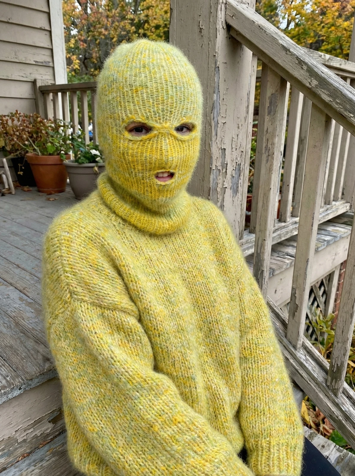 Ski Mask Balaclava 3 Hole Yellow/Green Layered Handmade Winter Hat