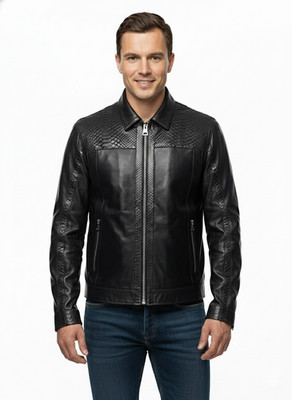 Herren Schwarz 100% Echt Leder Jacke Exotischer Python Print Reißverschluss S...