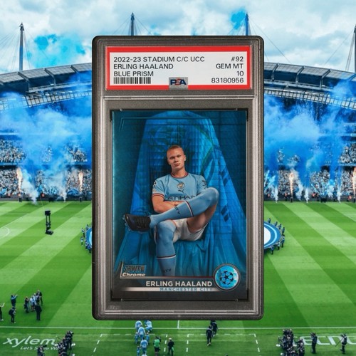 2022-23 TOPPS STADIUM CLUB CHROME UCC | BLUE PRISM | ERLING HAALAND #92 PSA 10