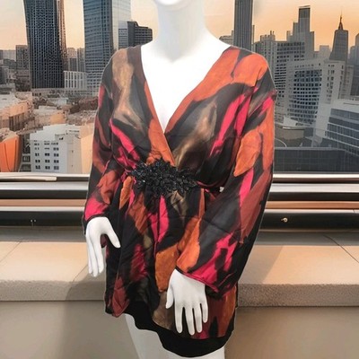 Tapemeasure Womens 2X Abstract Print V-Neck Tunic Beaded Floral Accent 14X251SM