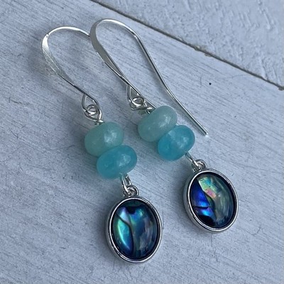 Min Favorit Colorful Abalone Shell Charm & Aqua Agate Silver Pl Artisan Earrings