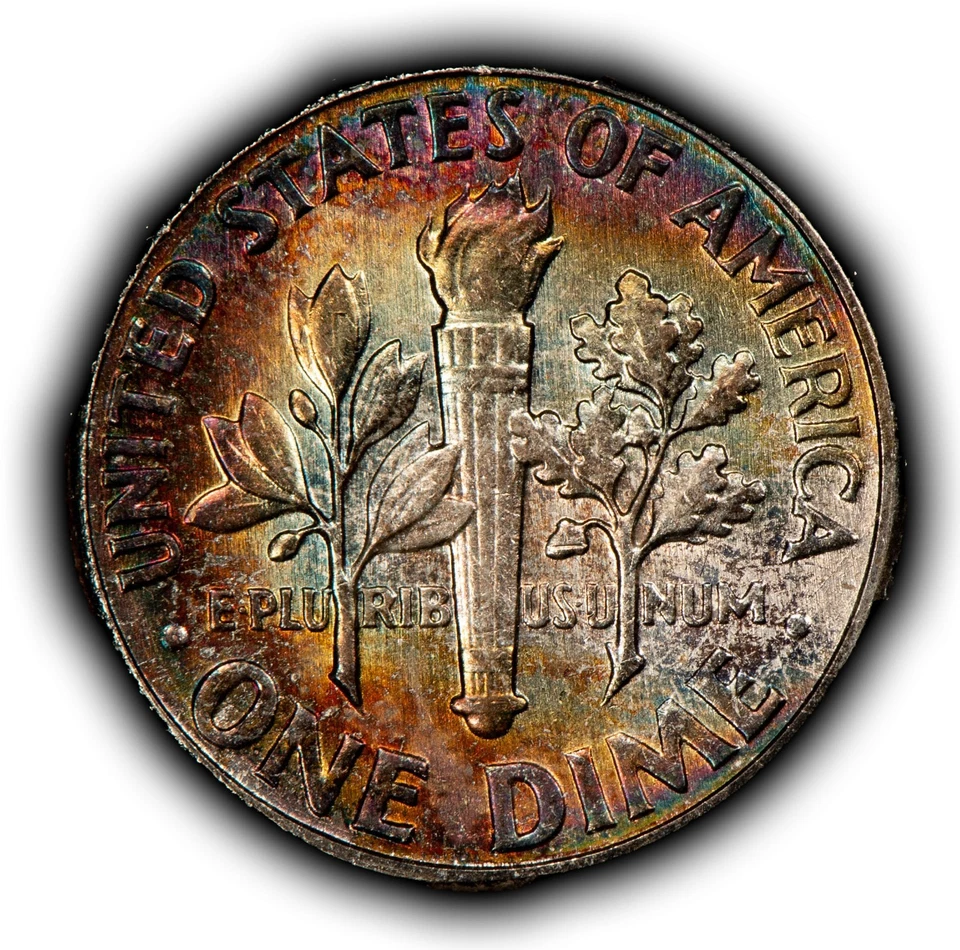 1959 10c Silver Roosevelt Dime - Rainbow Crescent Toning - BU - SKU-Z6370 - Image 2 of 4