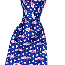 VINEYARD VINES Navy Silk Tie All Over Fish W/American Flag  Stars Excellent