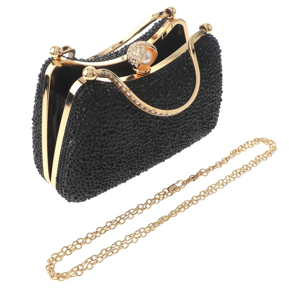 Bolso sin asas de noche de moda con marco de metal dorado con estrás de cristal BZY249-NEGRO Foto 3 de 3