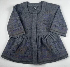 DKNY Peplum Coat Women’s Small 100% Wool Gray Embroidery Peasant