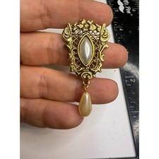 Vintage Gold Tone Faux Pearl Dangle Brooch Pin Victorian Style Openwork Lattice