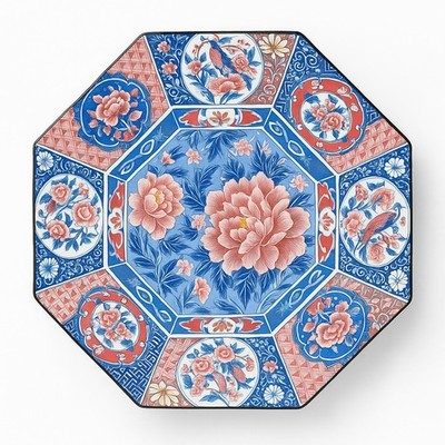 Vintage Imari Japan Octagon Plate Peony Bird Arita Porcelain Oriental Trading