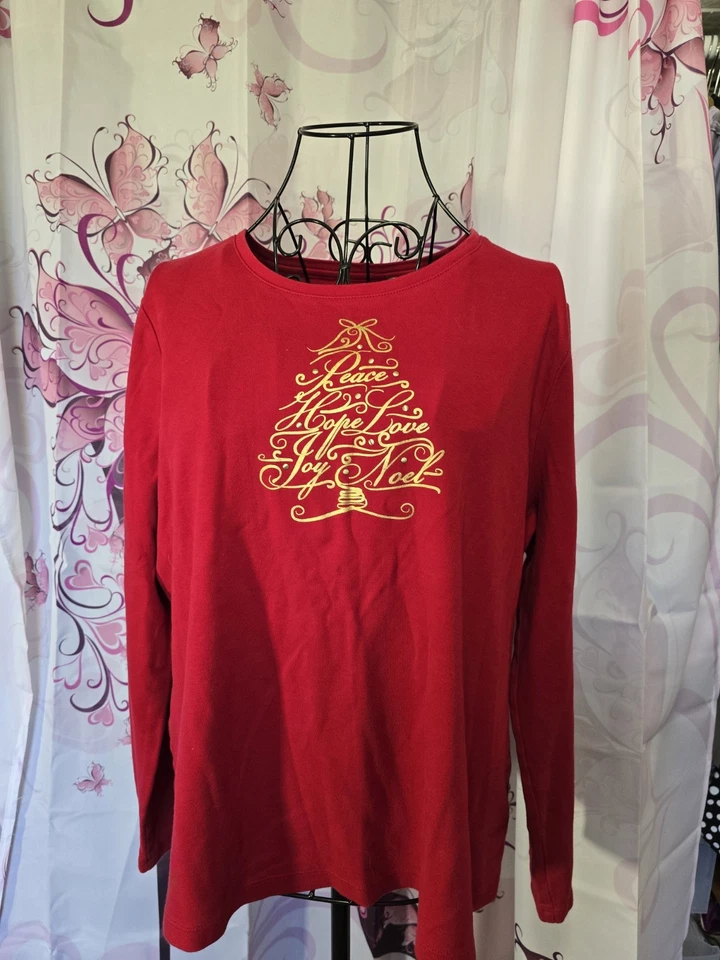 Top Studio Works Mujer Rojo Manga Larga Talla Pequeña XL Metálico Holiday Tree Hope Foto 3 de 4