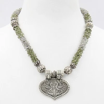 Collier pendentif paon dansant péridot et pierre de lune fait main en argent ... - Photo 1/4