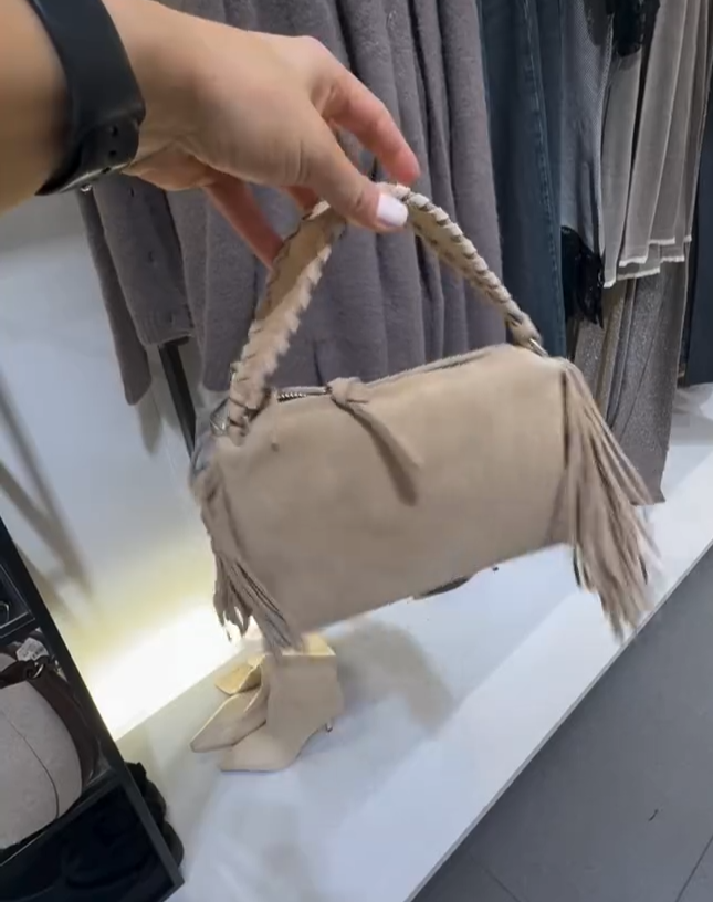 Zara Split Suede Mini Fringed Crossbody Bag Sand Beige Cream Brown