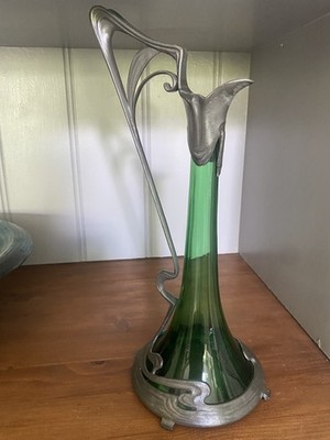 Atemberaubender echter Jugendstil Weinkrug aus grünem Glas mit Zinnüberfang 