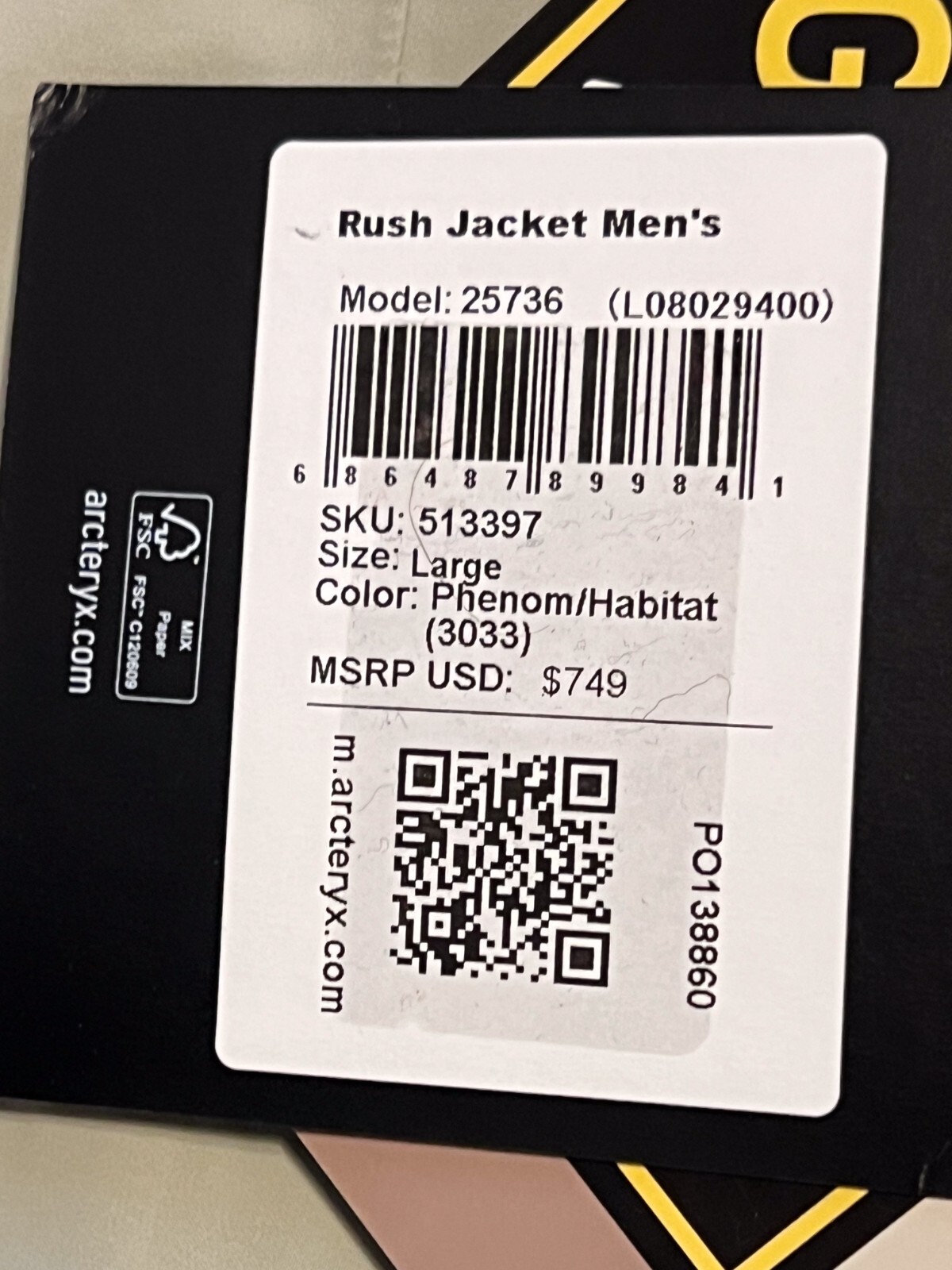 Giacca Arc'Teryx Uomo Rush Large Phenom Habitat Nuova Nuova con etichette