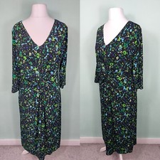 GINA BACCONI 14 GREEN BLUE WATER DROP PRINT MIDI WRAP DRESS STRETCH LINED V NECK