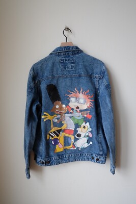 VTG Members Only X Nickelodeon RUGRATS HEY ARNOLD CAT DOG Denim Jean Jacket Coat
