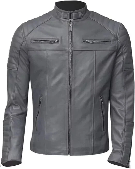 MEN GRAY LEATHER CASUAL BIKER JACKET GENUINE COAT STYL MOTORCYCLE CAFE RACER