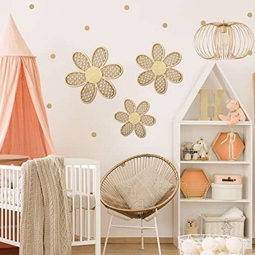 Maitys 3 Stück Boho Gänseblümchen Wanddeko Natur Rattan Blumenwand Holzfarbe - Bild 4 von 6