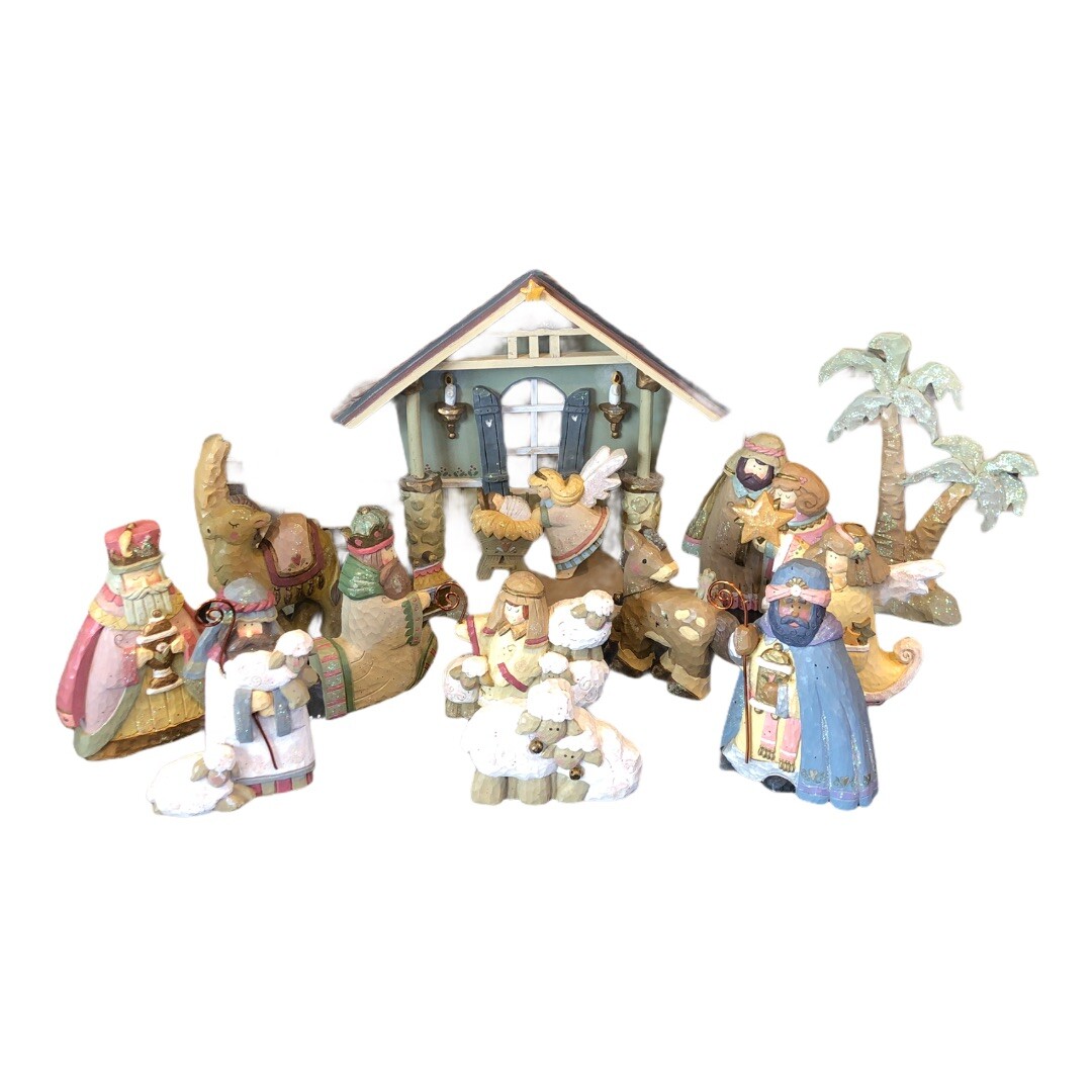 Kurt S Adler Childs First Nativity 14 Piece Set Resin Carved Look Crèche Advent Natychmiastowa dostawa najnowszych prac