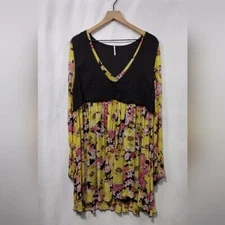 NWOT Free People Floral Alice Dress Womens L Yellow Black Cottagecore Peasant
