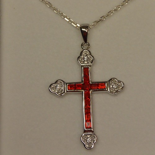 Collier Croix Sertie de 12 Rubis et Diamant Cz 45mm en Argent 925 Dolly-Bijoux - Picture 2 of 5