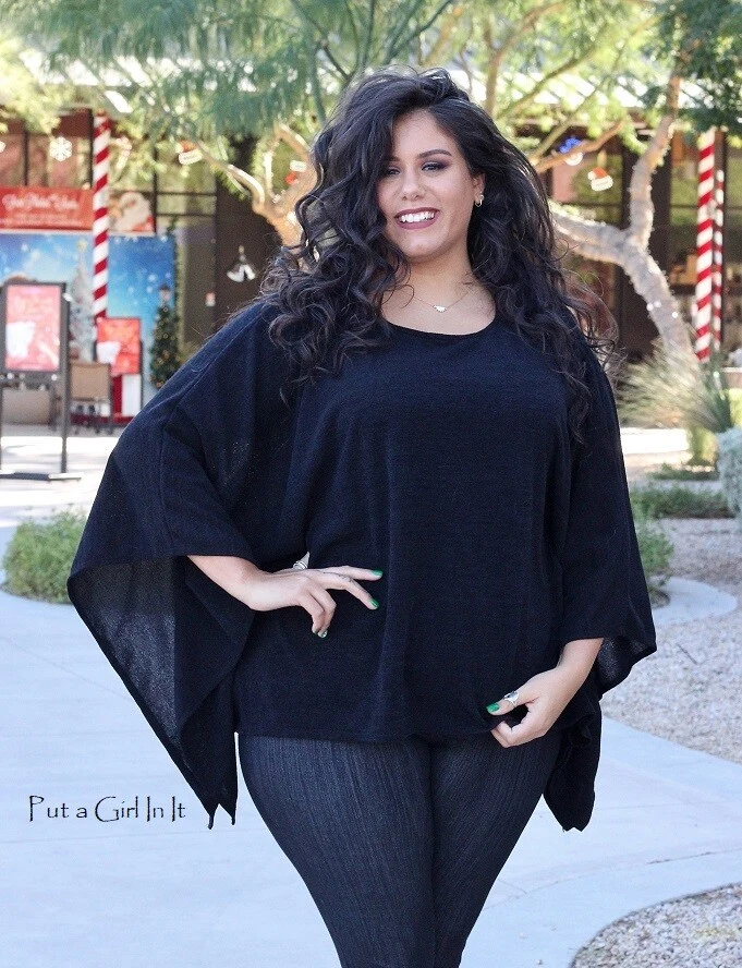 PLUS SIZE Womens BLACK OVERSIZED DOLMAN SWEATER TUNIC SHIRT ONE SIZE 1X 2X  3X