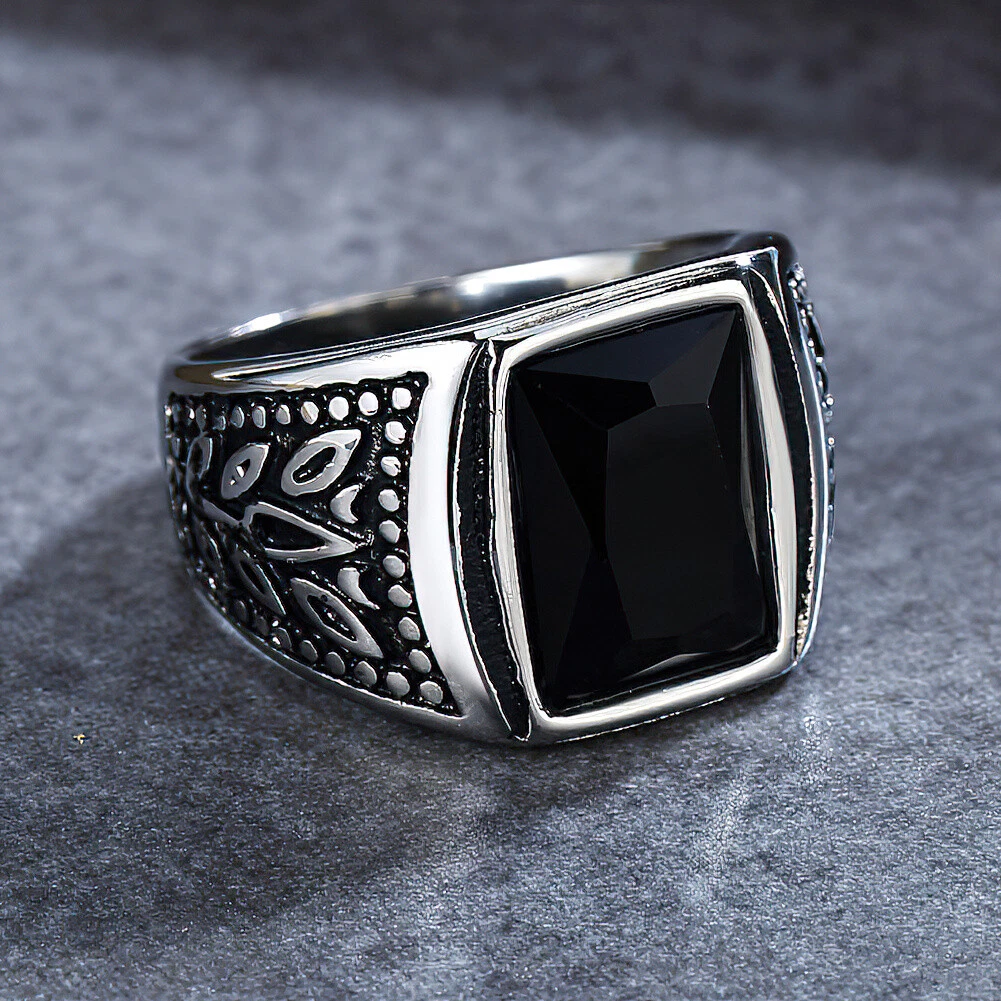 Female Stainless Steel Ring Black Stone